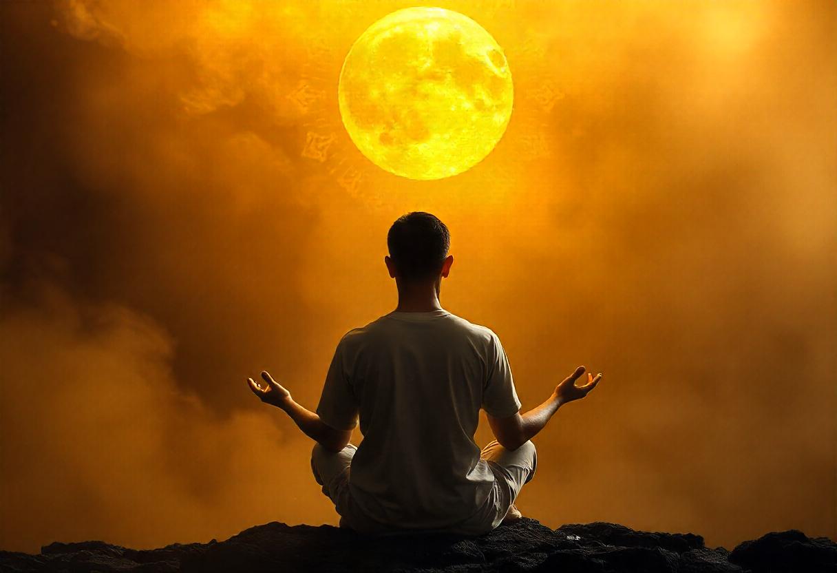 A person meditating, the background is golden and mysterious