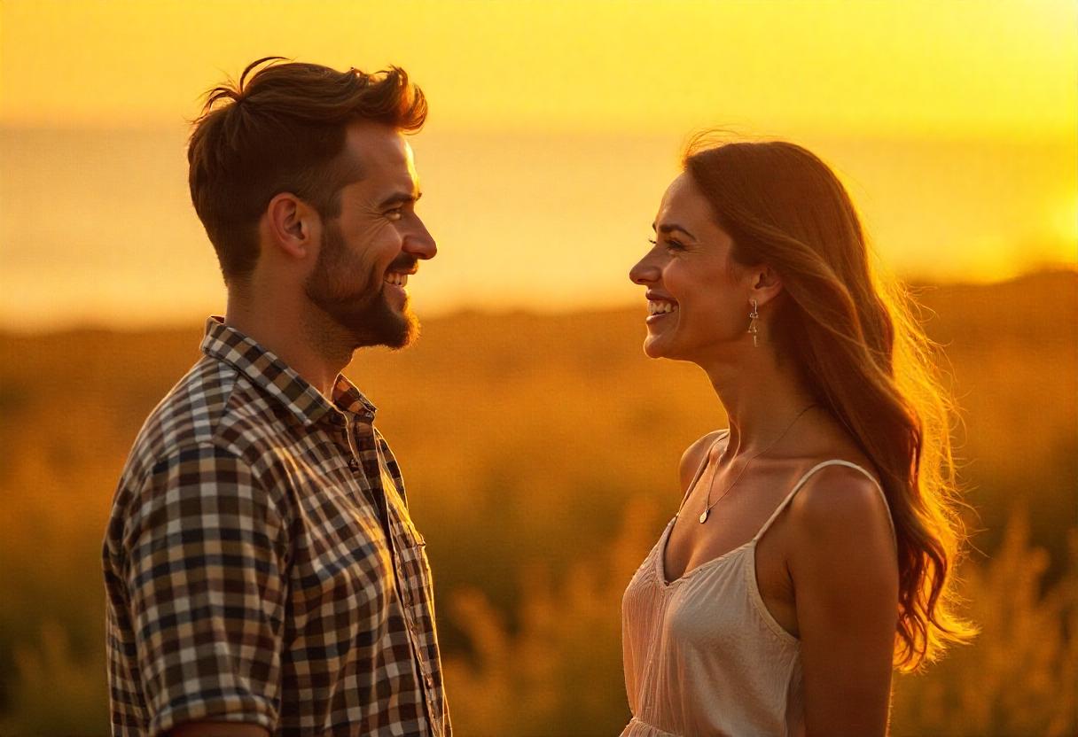 The background is gold, and the scene shows happy couples talking to each other.