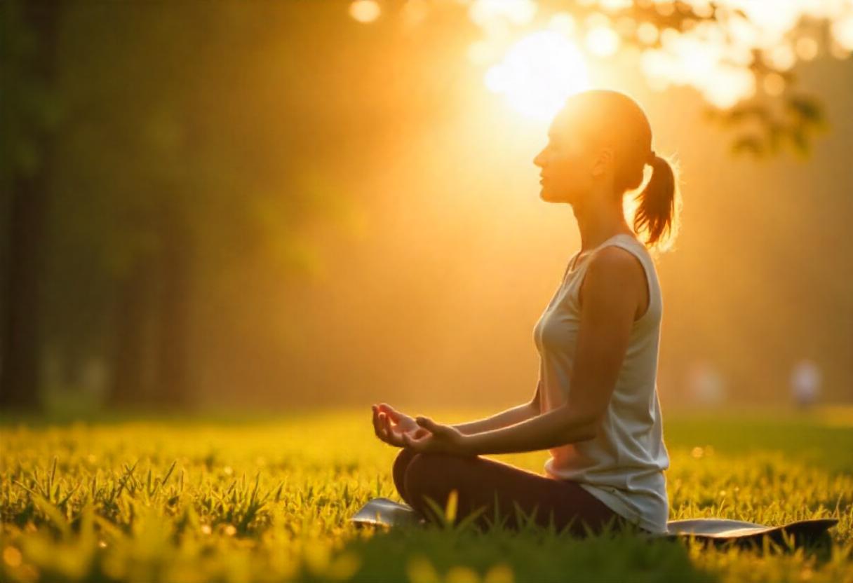 Woman meditating in bright sunlight