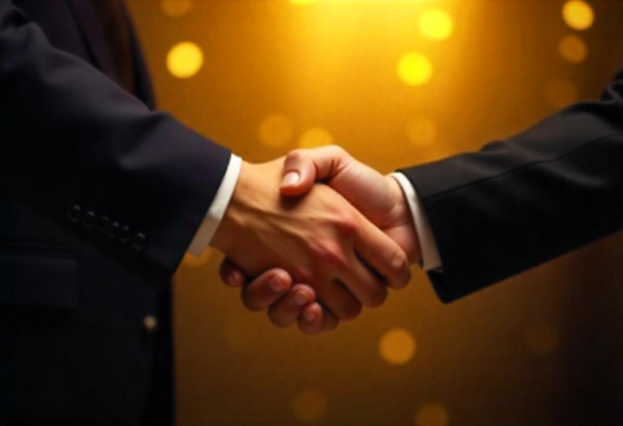 Background gold, businessmen shaking hands,