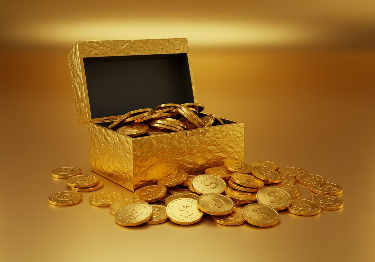 A realistic image of gold coins spilling out of a beautiful box, with a gold background